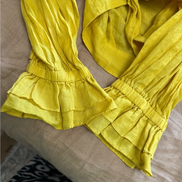 Zara Yellow 100% Ramie Tie Waist Cropped Blouse with ruffled long sleeve - Picture 8 of 12